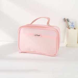 Clear Mesh Toiletries Storage Organizer Bag with Carrying Strap (Pink)
