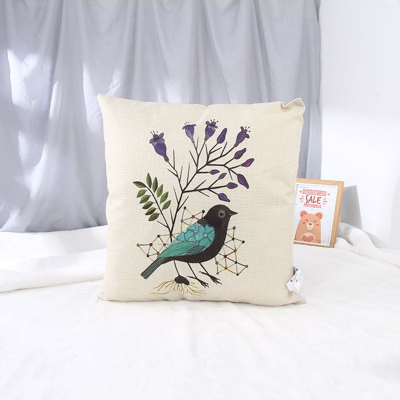 Cotton Linen Throw Pillow (Bird&amp;Purple Flower)