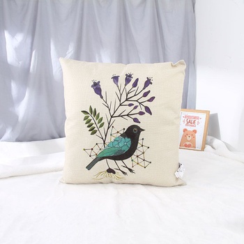 [XVHITP02424] Cotton Linen Throw Pillow (Bird&Purple Flower)