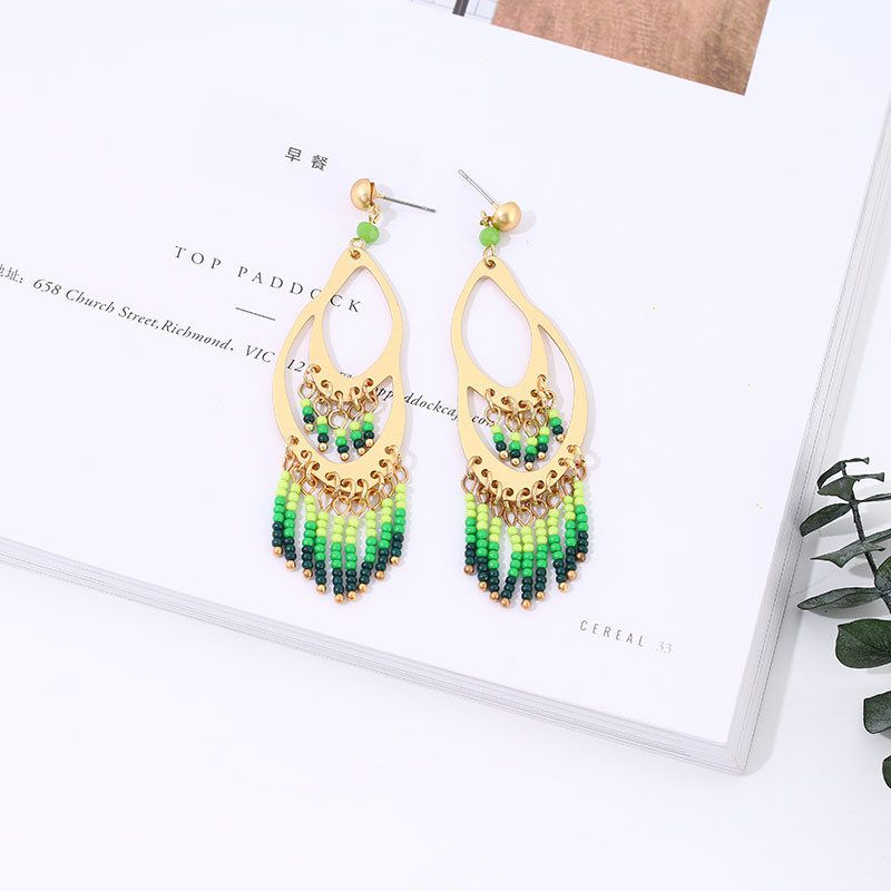 Ethnic Style Green Beads Dangle Earrings