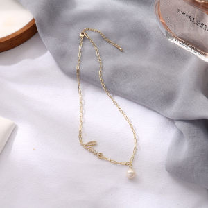 Golden Letters &amp; Pearl Pendent Necklace