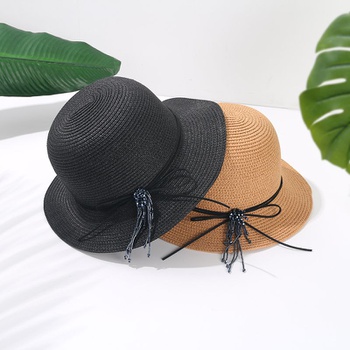 [XVSPH01865] Beads Feather Straw Bucket Hat