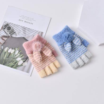 Rabbit Ears Half-Finger Gloves with Fluffy Ball for Children