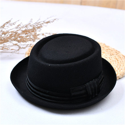 Retro Curl Edge Bowknot Wool Hat (Black)