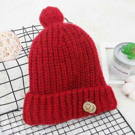 Simple Knit Hat with Pendant-Red