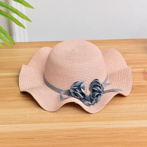 Wavy Brim Straw Hat for Children-Pink