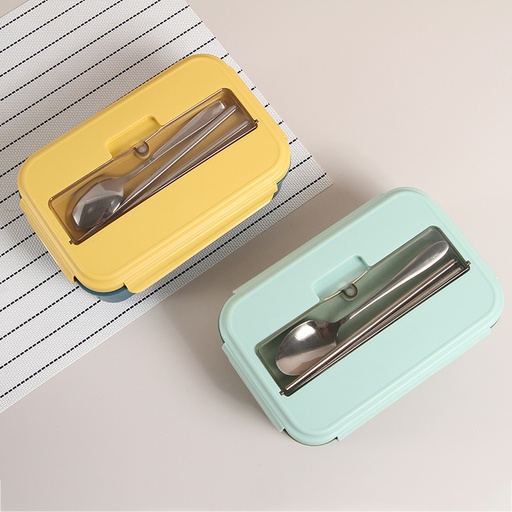 Three-compartment plastic lunch box with spoon chopsticks