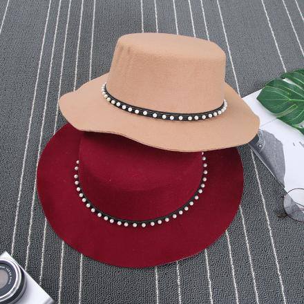 [XVSPH01631] All-Match Pearl Imitated Cashmere Felt Hat (Dark coffee)